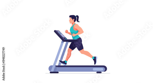 A woman in athletic wear runs on a treadmill with a focused expression in a fitness setting
