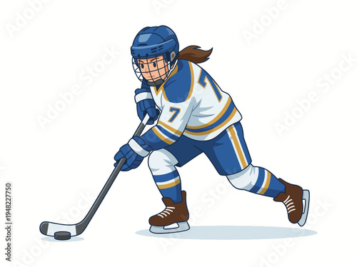 A focused female hockey player skates on the ice, wielding her stick to prepare for a shot. She wears a blue and yellow jersey with the number 7, embodying the spirit of the game.