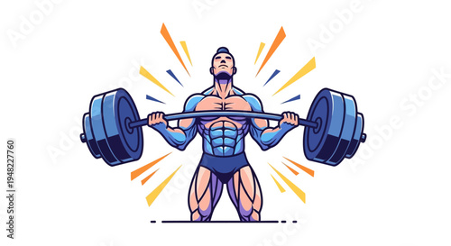 A muscular man lifting a heavy barbell with dumbbells in a dynamic fitness training illustration with bold lines and vibrant colors