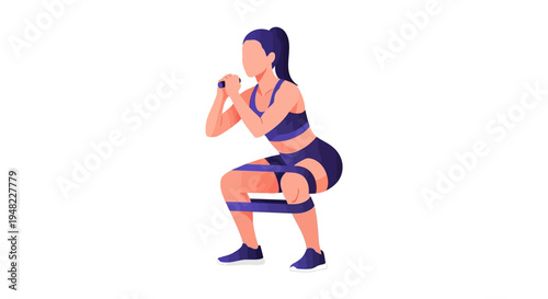 Woman in athletic wear performing a squat with resistance band and dumbbells in a fitness training exercise with a strong and healthy mood