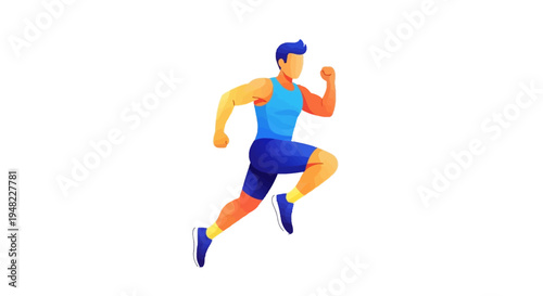 A man in a blue outfit running with dumbbells in a colorful illustration with a dynamic and energetic mood