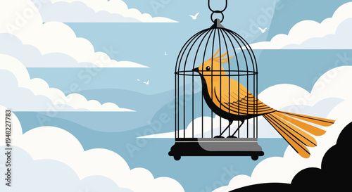 Trapped Bird in Cage Against Cloudy Sky, Symbolizing Restriction and Freedom