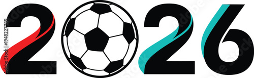 2026 soccer championship year stylized numbers with red and cyan accents representing dynamism