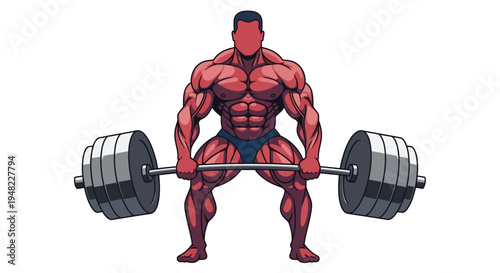 A muscular red cartoon character lifting a heavy barbell with large weights on either side in a powerful stance