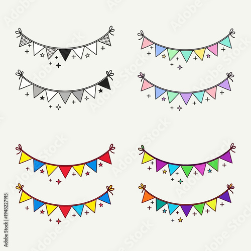 Colorful bunting decorations arranged in four distinct styles for festive events