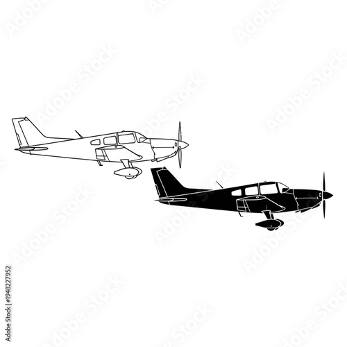 Comparison of two small propeller aircraft in flight and silhouette views