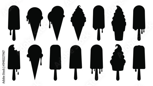 A collection of black silhouette images of ice cream on a stick with various shapes and melting effects