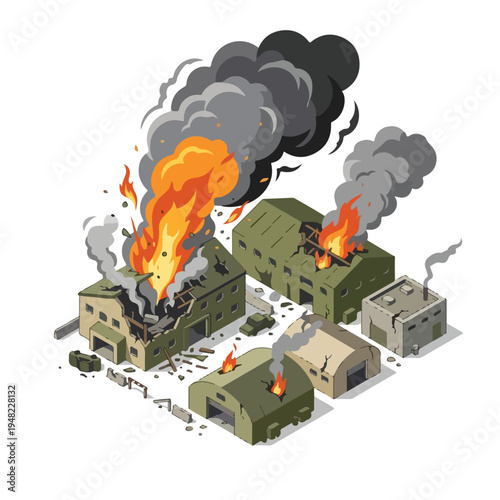 isometric vector illustration of a military base damaged by a missile attack 01