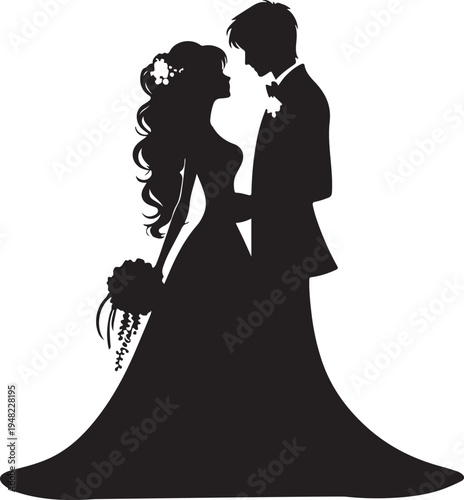 Elegant silhouette of a bride and groom sharing a tender wedding moment Vector, illustration