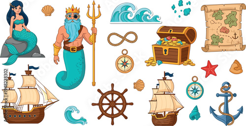 Pirate and ocean adventure vector set with mermaid sea king treasure chest ships map anchor compass nautical elements