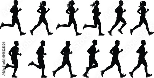 Black runner silhouettes set featuring men and women jogging in various athletic poses for marathon training fitness and sports vector design
