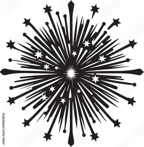 Intricate black and white starburst design radiating from a central point Vector, illustration