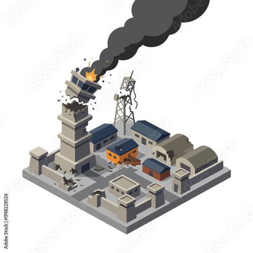 isometric vector illustration of a military base damaged by a missile attack 001