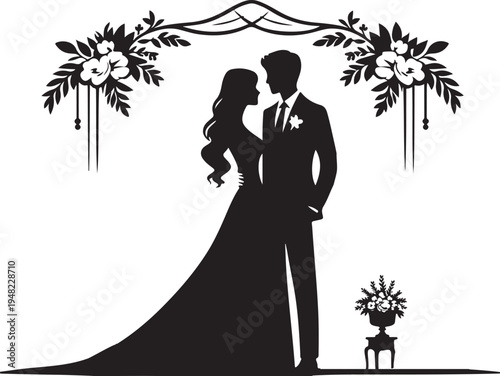 Elegant wedding couple silhouette under a floral archway Vector, illustration