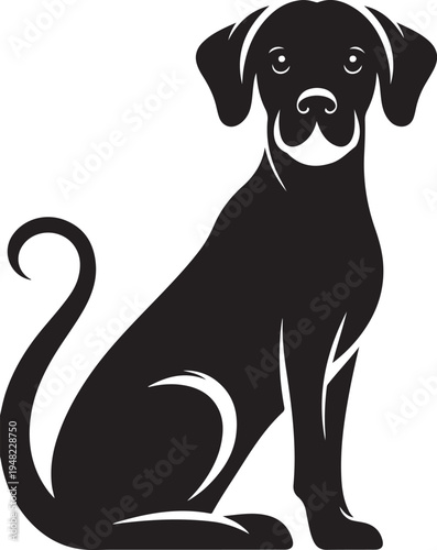 Black silhouette of a sitting doberman puppy with floppy ears and curled tail Vector, illustration