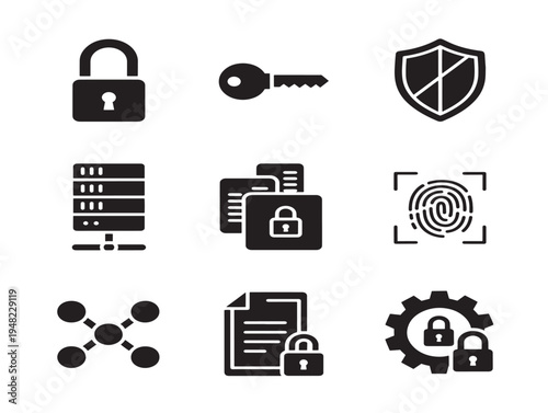 Modern encryption system icons with sleek data protection and privacy silhouette designs