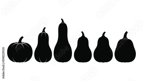 A lineup of six dark silhouettes of various pear and pumpkin fruits on white background for a logo or icon design