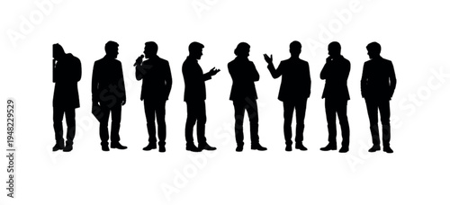 Business people silhouette collection, standing men in formal suits with varied poses, isolated corporate team illustration for office design
