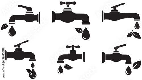 Faucet Icon With Single Droplet And Leaf — Minimal Black Solid Silhouette Representing Water Conservation And Efficient Use, Isolated On White