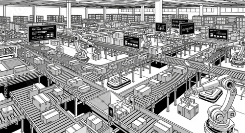 Automated Factory Floor with Robotic Arms and Conveyor Belts.