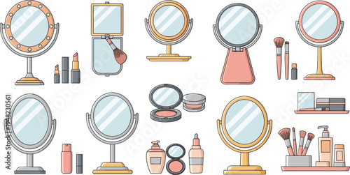 Makeup Vanity Mirror Collection with Cosmetics Brushes Lipstick Beauty Products Dressing Table Vector Illustration Set