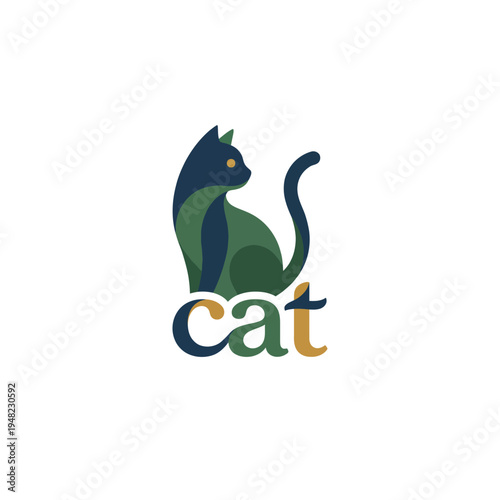 A playful and artistic depiction of a cat paired with modern typography that spells 'cat', using a harmonious color palette to evoke a sense of companionship and whimsy.