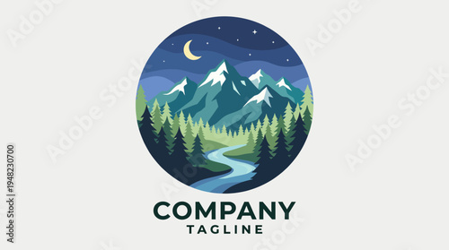 A captivating logo design showcasing mountains, trees, and a winding river under a starry night sky, evoking adventure and connection to nature for outdoor enthusiasts.
