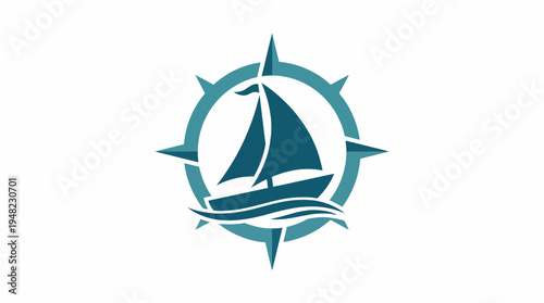 This image features a sailboat in calm waters, surrounded by a stylized compass rose, symbolizing navigation, adventure, and marine exploration for enthusiasts.