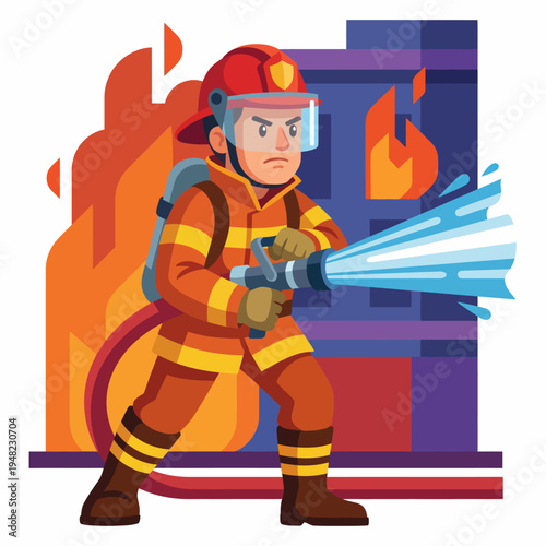 A brave cartoon firefighter uses a hose to put out flames in this vibrant image, embodying courage, determination, and the spirit of firefighting in action.