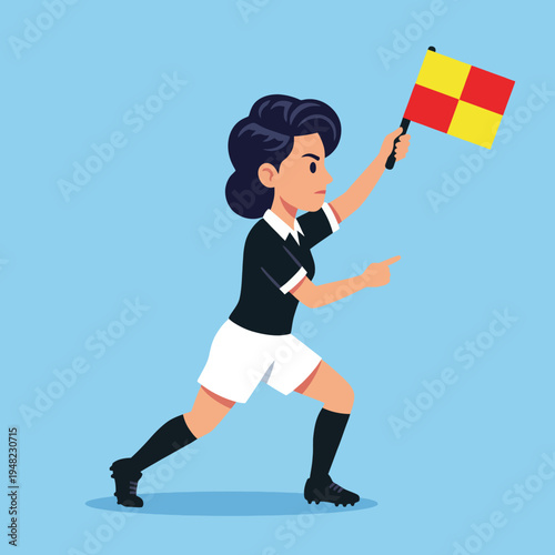 An animated soccer referee signals a violation with a flag, showcasing authority, focus, and the dynamic nature of sports, ideal for representing sportsmanship and officiating.