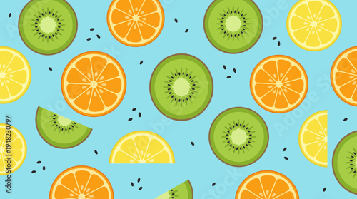 This vibrant pattern showcases slices of various citrus fruits like oranges, kiwis, and lemons, ideal for backgrounds and fresh fruit-themed projects.