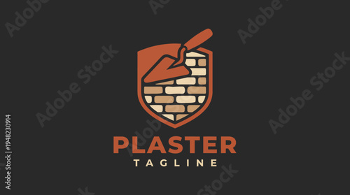 This logo design for a plastering service features a shield with a trowel and brick pattern, representing craftsmanship, quality, and reliability in construction and remodeling.