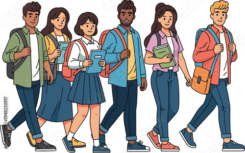 Diverse group of students walking with backpacks and books