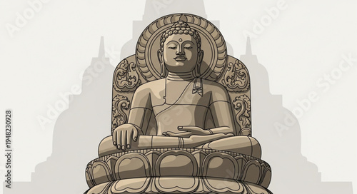 Detailed Stone Buddha Statue with Intricate Halo and Lotus Seat.