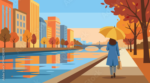 A serene autumn scene shows a person walking along a riverbank coated in warm hues, surrounded by trees and modern buildings reflecting the beautiful sky shades.