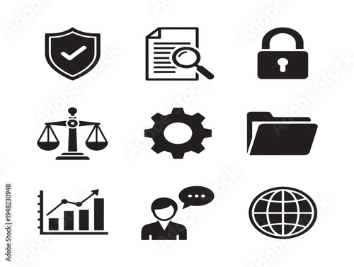 Comprehensive compliance dashboard icons with clean regulatory and standard silhouette designs