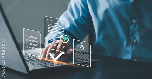 Audit, document verification, compliance review, and quality control process. Businessman using laptop check digital document with signature and checkmark icons.