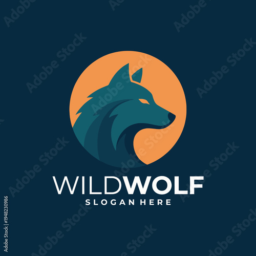 A modern logo design featuring a wild wolf silhouette set against a warm circular background, ideal for brands focusing on nature, strength, and adventure.