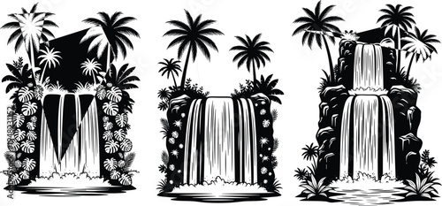 Black and white tropical waterfall silhouette set with palm trees exotic jungle foliage cascading water elements for nature design and printing.