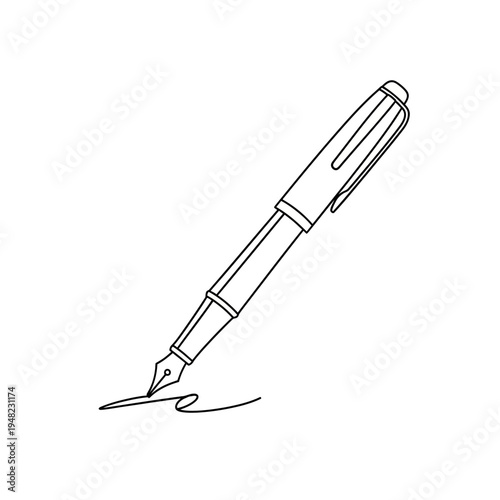 A classic fountain pen resting on paper with a signature stroke