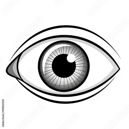 A stylized depiction of a human eye with a reflective iris and subtle shading