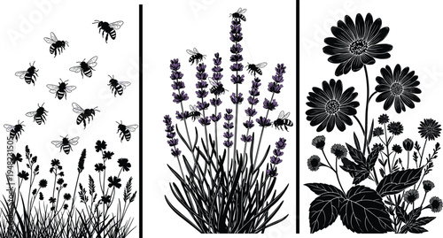 Black silhouette honey bees flying over lavender flowers and daisy meadow garden plants vector illustration isolated on a white background.