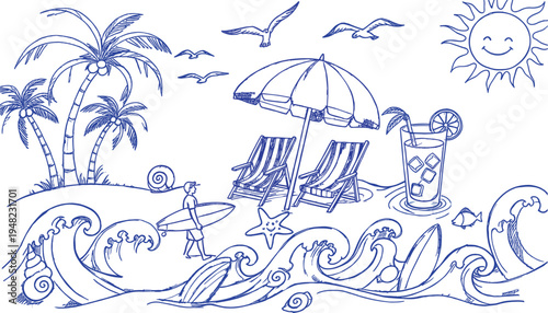 Whimsical hand-drawn beach scene with palm trees, surfboard, waves, umbrella chairs, smiling sun, starfish, birds, and tropical drink