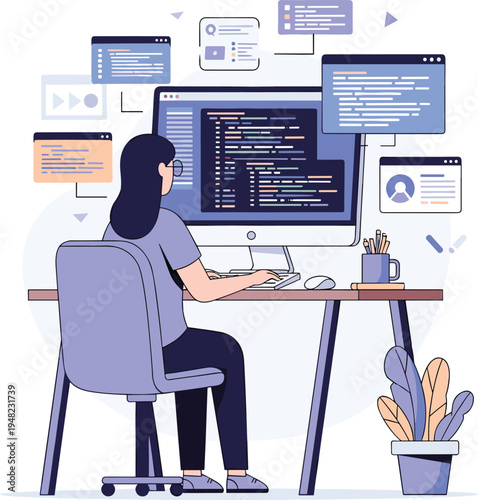 Woman working on computer at home office desk with plants