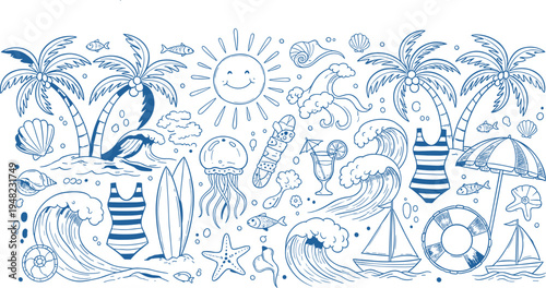 Whimsical summer beach illustration with palm trees, waves, fish, seashells, surfboards, swimsuits, lifebuoy, sailboats, umbrella, tropical drink, sandals, sun