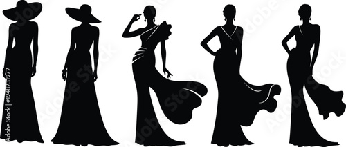 Elegant woman fashion silhouette set with stylish evening gowns luxury long dresses and wide brim hats for beauty and boutique design.