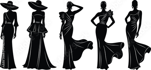 Elegant Silhouette Collection of Fashion Models in Sophisticated Evening Gowns and Stylish Wide Brim Hats for Luxury Haute Couture Design