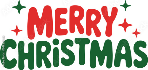 A festive red and green Merry Christmas text with small star decorations on a clean white background