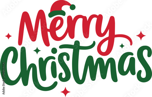 A stylish handwritten Merry Christmas greeting in red and green colors adorned with a Santa hat and festive stars