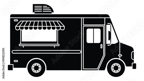 A black and white image of a food truck with a window and awning, parked and ready to serve customers at an event or festival with a simple design